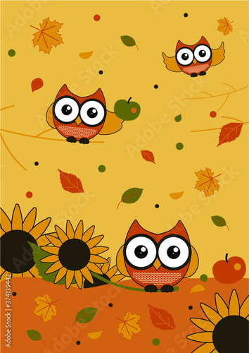 Owls in the autumn meadow