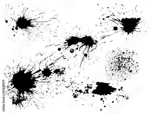 Vector black and white ink splash, blot and brush stroke, spot, spray, smudge, spatter, splatter, drip, drop, ink blob Grunge textured elements for design, background.
