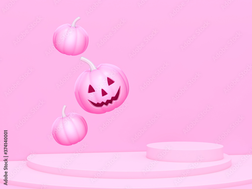 Pink Halloween pumpkin with podium display stand on pastel pink background 3d rendering. 3d illustration pumpkin for celebration sweet Halloween event template minimal style concept.