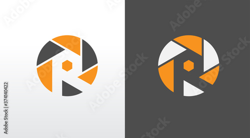 Letter R  logo, camera lense icon with letter R inside, Flat Logo Design Template, vector illustration