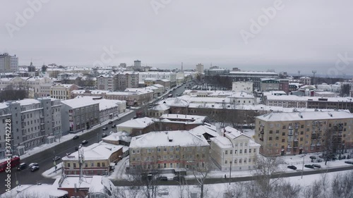 Panorama of the Kirov city and and Razderikhinsky ravine in the central part of the city of Kirov on a winter day from above. Russia from the drone. photo