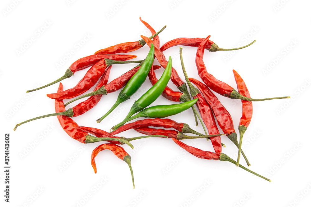 Dried red chilli and fresh green chilli on white background Dried red chilli and fresh green chilli on white background