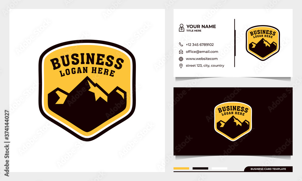 badge adventure logo design with mountains and business card template