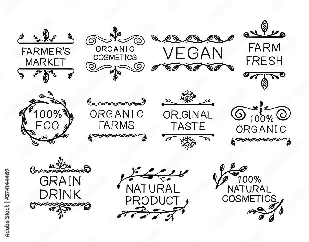 Typographic vector floral elements set, farmers market concept, organic natural foods, healthy eating, hand drawn doodle icons collection, black drawings isolated on white background.
