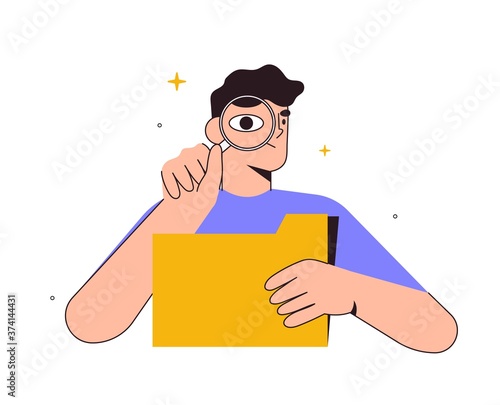 Man search a document or file in catalog folder. Metaphoric business or web illustration for banner, website, ui, ux design. Concept of information or data organization or optimization, search.