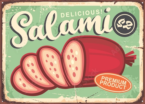 Salami vintage poster with green background. Vector illustration in retro style.