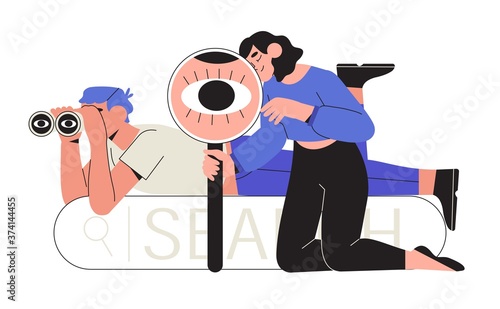 Man looking through binoculars and a woman through magnifying glass or loupe. Business metaphore for search or research, development, web surfing. Trendy outline characters for web or ui design.