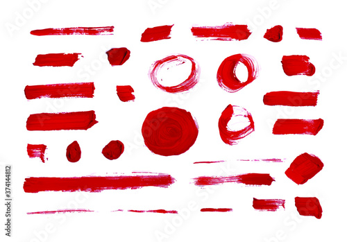 Vector red brush strokes, different shapes, abstract textured design elements isolated on white background.
