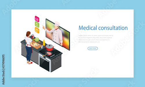 Isometric cooking school blog. Woman chef cooking while streaming online for webinar masterclass lesson at home