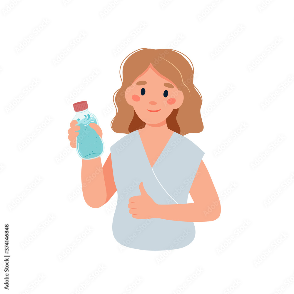 Drink more water. Woman character with a bottle of water Drink more water. Woman character with a bottle of water