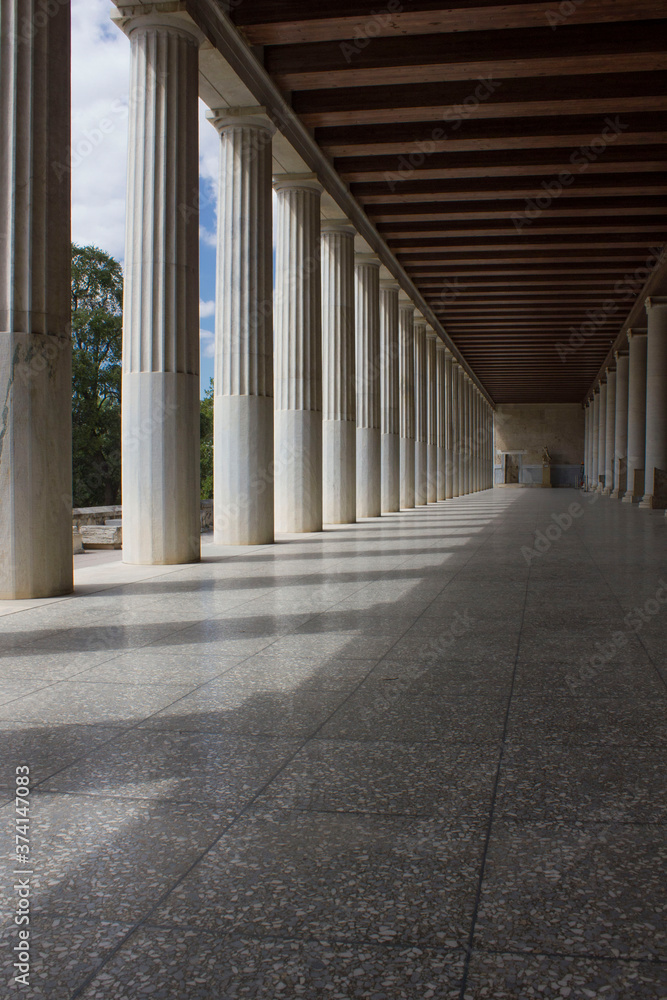 Corridor of the main floor of the Stoa of Attallos monument in Athens, Greece