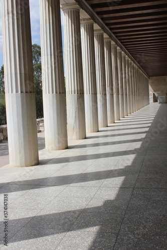 Corridor of the main floor of the Stoa of Attallos monument in Athens, Greece