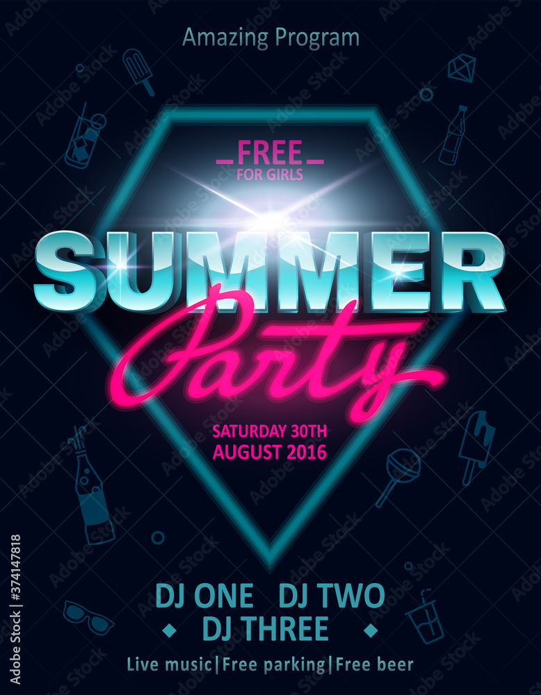 DJ summer party, night club show poster.Retro invitation card for concept design. Summer vacation concept.
