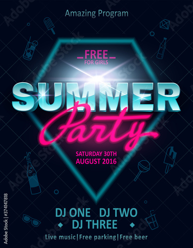 DJ summer party, night club show poster.Retro invitation card for concept design. Summer vacation concept.