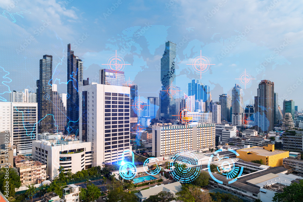 Fototapeta premium World planet Earth map hologram over panorama city view of Bangkok, Asia. The concept of international connections and business. Multi Exposure.