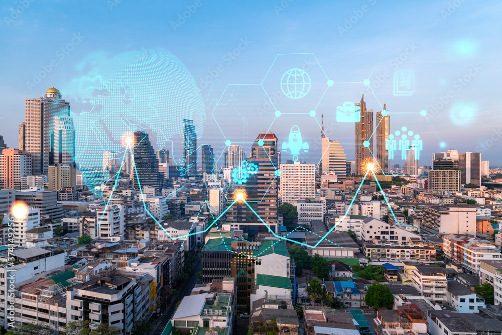 Fototapeta premium Hologram of Research and Development glowing icons. Sunset panoramic city view of Bangkok. Concept of innovative technologies to create new services and products in Asia. Double exposure.