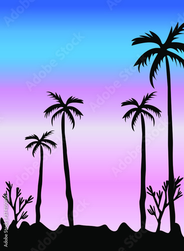 Landscape drawing of palm trees on the beach - vector illustration