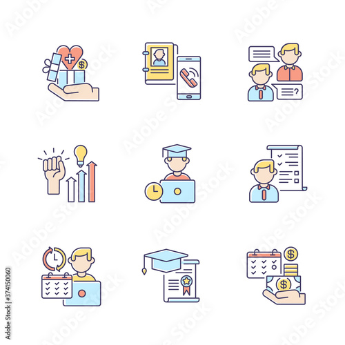 Company conditions RGB color icons set. Employees training and motivation. Business communication. Corporate employment benefits. Isolated vector illustrations