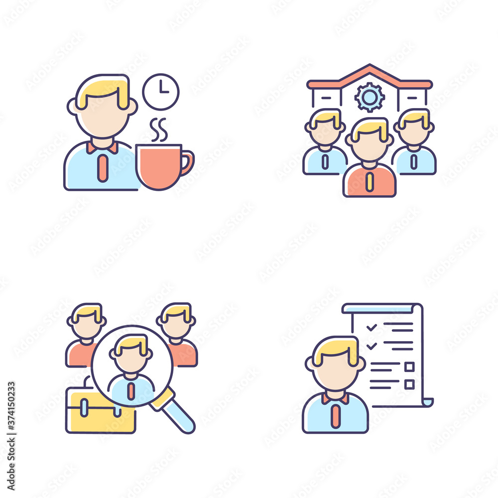 Recruitment RGB color icons set. Company personnel, coffee break, headhunting and professional demands. Job application, hiring. Isolated vector illustrations Recruitment RGB color icons set. Company personnel, coffee break, headhunting and professional demands. Job application, hiring. Isolated vector illustrations