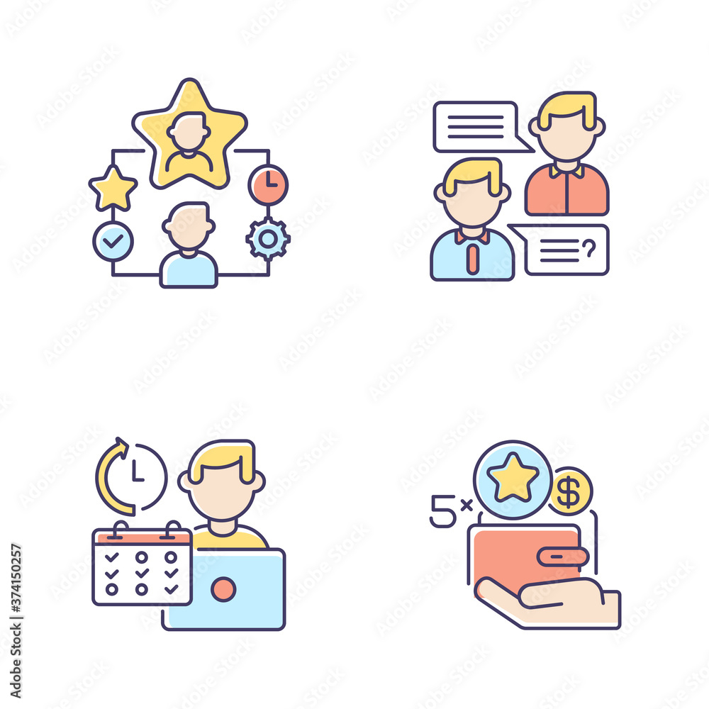 Working benefits RGB color icons set. Professional communication, flexible schedule, best employees rewards and bonus programs. Isolated vector illustrations