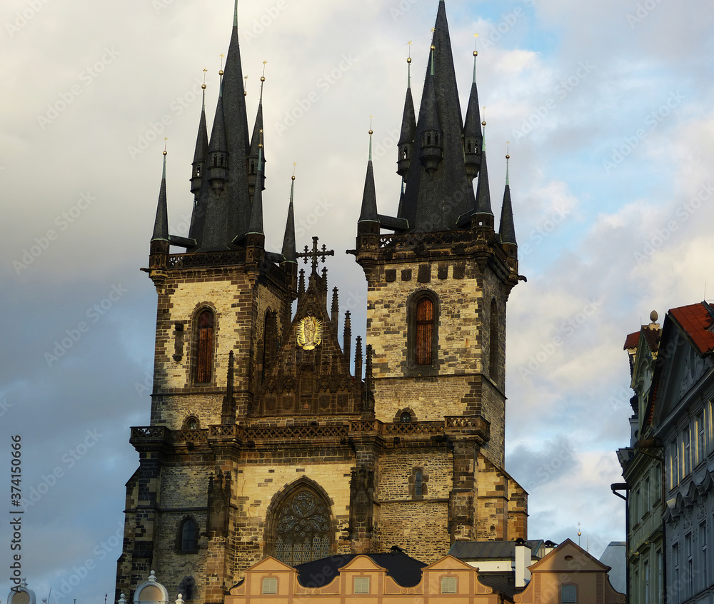 Church of our Lady before Tyn in Prague. Clear evening sunny scenery.
