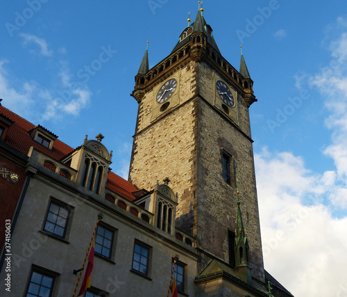 Prague Tyn Cathedral Clock Tower. Clear evening sunny scenery. © Claudio Caridi