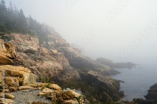 New England Coast in Early Morning with Fog and Mist - Maine
