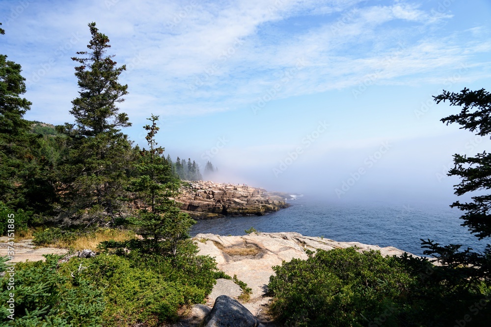 New England Coast in Early Morning with Fog and Mist - Maine