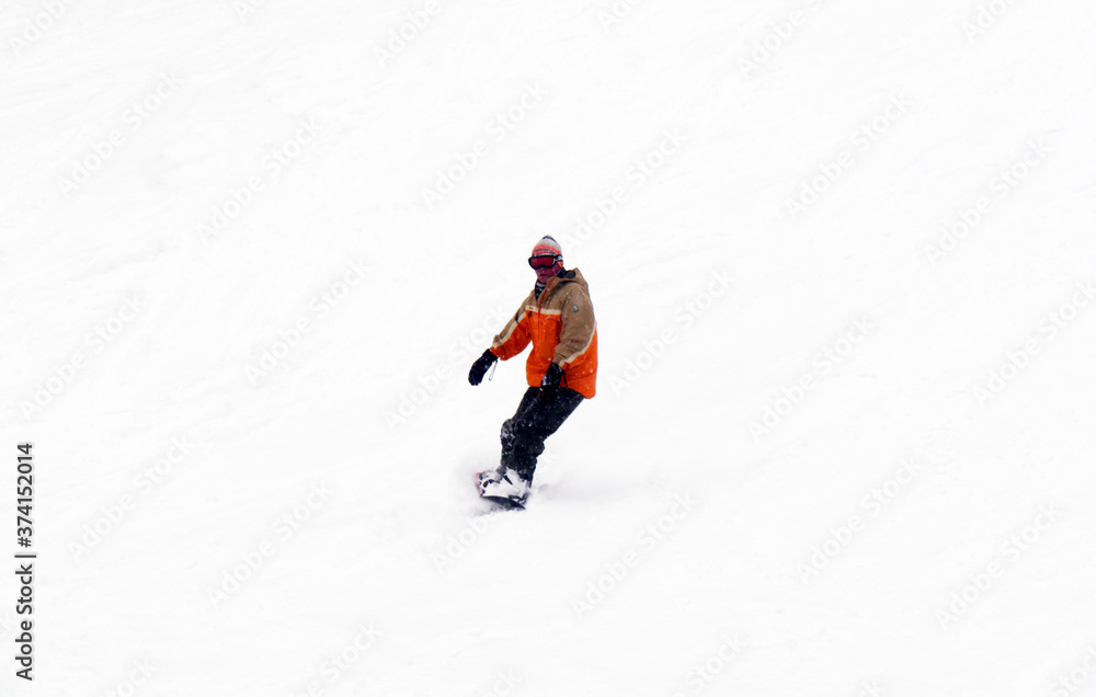 FEB 17, 2018 IWATE, JAPAN : Asian snowboarder is riding with snowboard from powder snow hill
