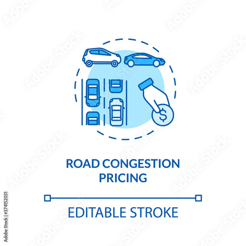 Road congestion pricing concept icon. Mechanical vehicle economics. Traffic jam reducing. Price mechanism idea thin line illustration. Vector isolated outline RGB color drawing. Editable stroke