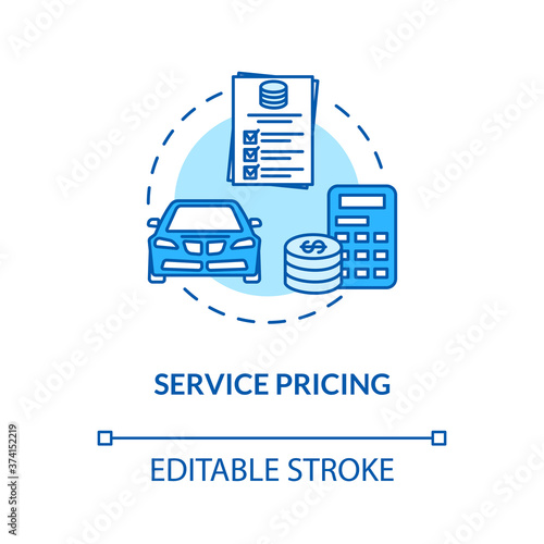 Service pricing concept icon. Vehicle servicing idea thin line illustration. Overtax. Repair cost plan, price checklist. Vector isolated outline RGB color drawing. Editable stroke
