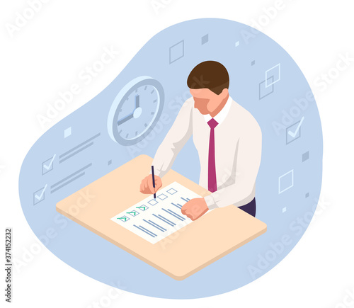 Student Filling Out Answers to Answer Sheet with Pencil. Isometrc School Exam Test Results in high school, university exam, business school.