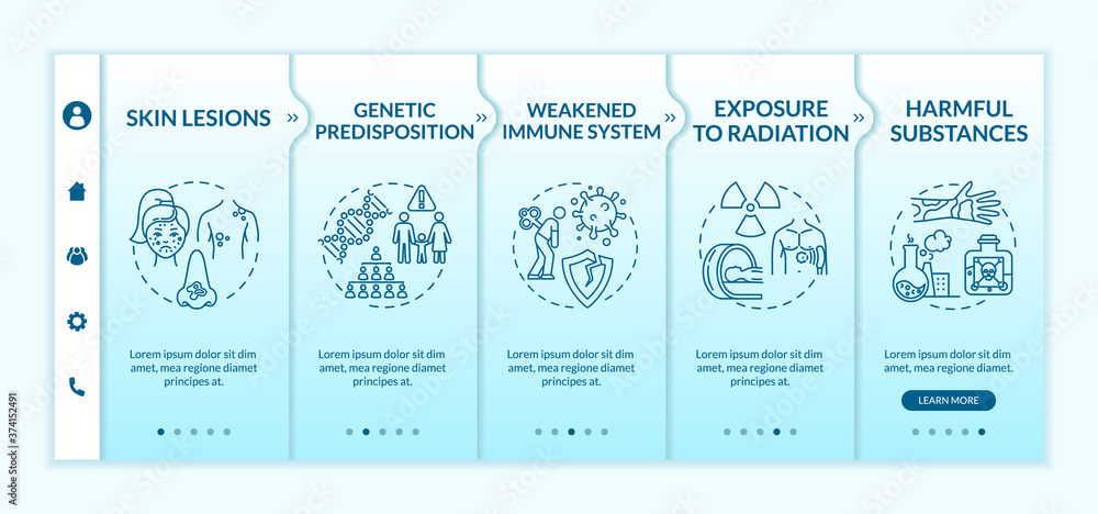 Skin cancer risk factors onboarding vector template. Genetic susceptibility. Harmful substances. Responsive mobile website with icons. Webpage walkthrough step screens. RGB color concept