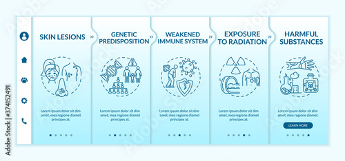 Skin cancer risk factors onboarding vector template. Genetic susceptibility. Harmful substances. Responsive mobile website with icons. Webpage walkthrough step screens. RGB color concept