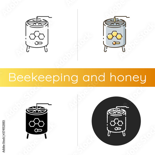 Honey extractor icon. Linear black and RGB color styles. Professional beekeeper tool. Apiculture. Mechanical device for honey extraction from honeycombs. Isolated vector illustrations