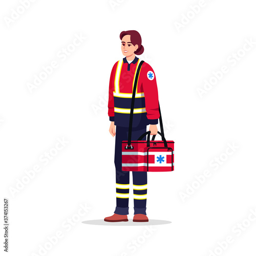 Emergency medical technician semi flat RGB color vector illustration. Paramedic. Health professional. European woman working as EMT with medical bag isolated cartoon character on white background