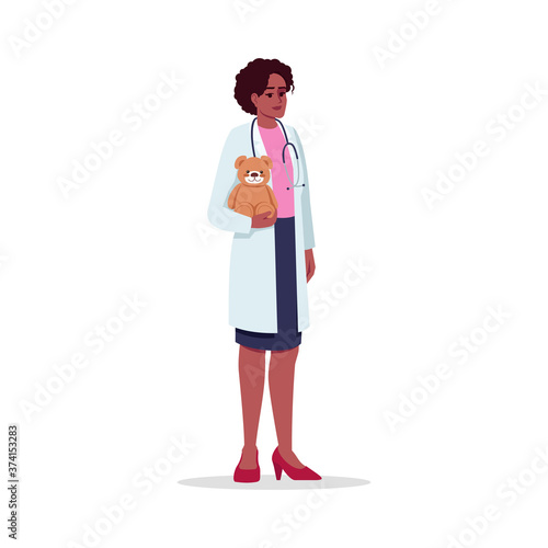 Pediatrician semi flat RGB color vector illustration. Children care doctor. Medical staff. Young african american woman working as pediatrician isolated cartoon character on white background