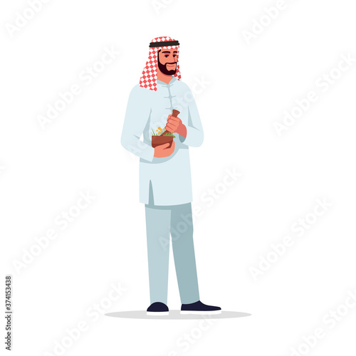 Alternative medicine specialist semi flat RGB color vector illustration. Herbal therapy. Young arab man working as complementary medicine doctor isolated cartoon character on white background