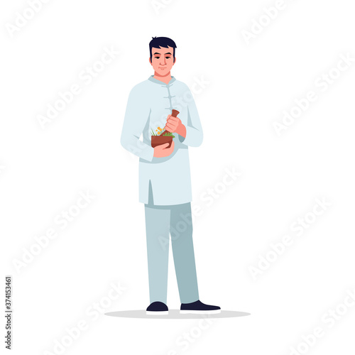 Herbal medicine specialist semi flat RGB color vector illustration. Integrative medicine doctor. Young chinese man working as alternative medicine doctor isolated cartoon character on white background