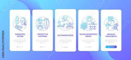 Skin cancer prevention onboarding mobile app page screen with concepts. No tanning beds. Walkthrough 5 steps graphic instructions. UI vector template with RGB color illustrations
