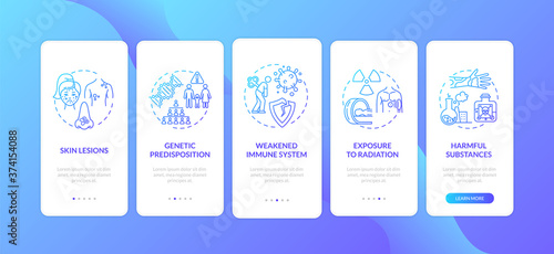 Skin cancer risk factors onboarding mobile app page screen with concepts. Genetic predisposition. Walkthrough 5 steps graphic instructions. UI vector template with RGB color illustrations