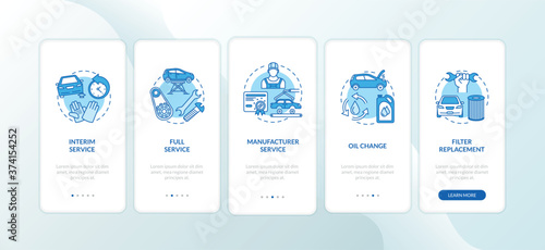 Car service onboarding mobile app page screen with concepts. Interim inspection, oil, filter replacement walkthrough 5 steps graphic instructions. UI vector template with RGB color illustrations