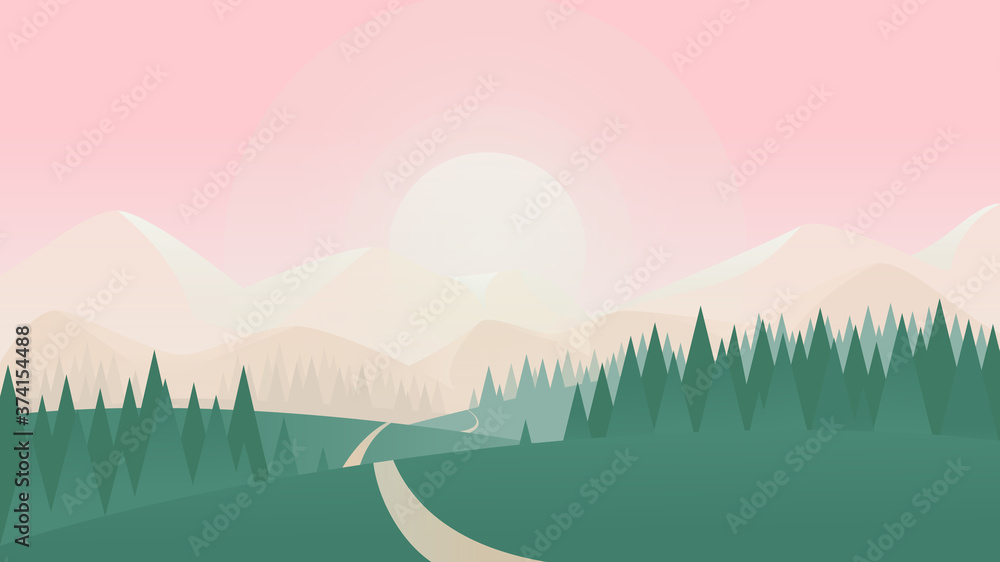 Summer nature landscape vector illustration. Cartoon flat countryside scenery with green grass land meadow on hills, spruce tree forest and road to sun on horizon, simple natural scene background