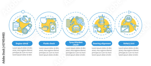 Transport maintenance vector infographic template. Engine, fluids, tyres check presentation design elements. Data visualization with 5 steps. Process timeline chart. Workflow layout with linear icons