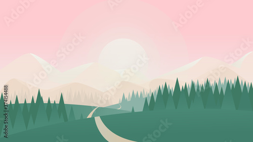 Summer nature landscape vector illustration. Cartoon flat countryside scenery with green grass land meadow on hills  spruce tree forest and road to sun on horizon  simple natural scene background