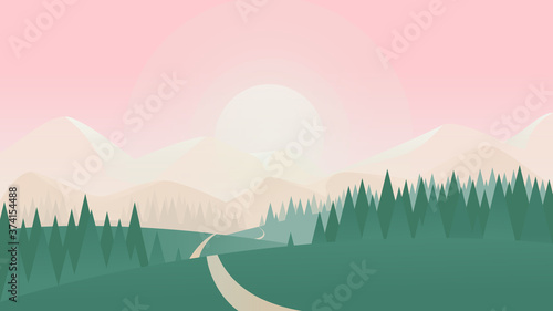 Summer nature landscape vector illustration. Cartoon flat countryside scenery with green grass land meadow on hills, spruce tree forest and road to sun on horizon, simple natural scene background