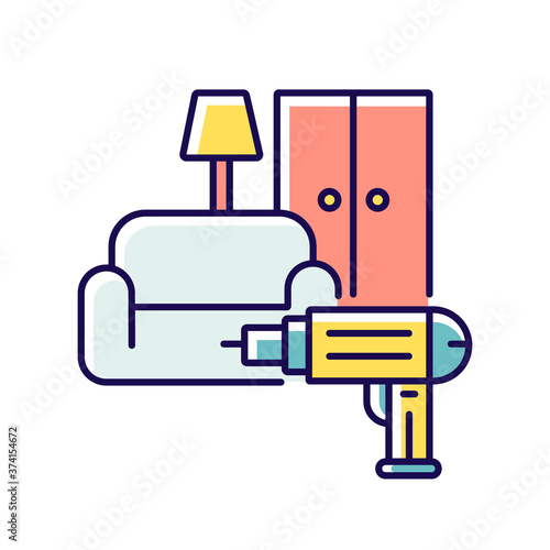 Furniture installation RGB color icon. Screwing wardrobe. Household. Screwdriver. House maintenance. Furniture assembly service. Home improvements. Isolated vector illustration