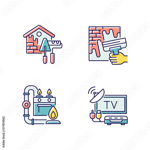 House repairs and facilities RGB color icons set. External decoration. House decorating and renovating. Gas pipework. TV tuner. Home maintenance. Isolated vector illustrations