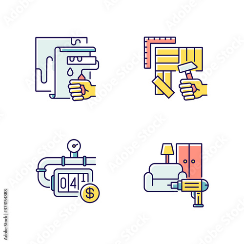 House renovations RGB color icons set. Furniture installation. Flooring installation. Painting walls with roller. Gas meter. Home maintenance and improvement. Isolated vector illustrations