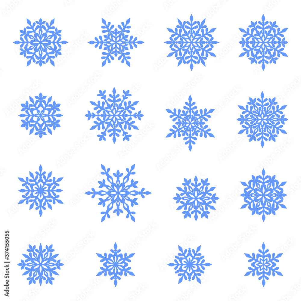 Set of blue openwork snowflakes on a white background. Vector silhouette, design template for holiday greeting card, poster, banner, laser and plotter cutting. Christmas design and festive decoration Set of blue openwork snowflakes on a white background. Vector silhouette, design template for holiday greeting card, poster, banner, laser and plotter cutting. Christmas design and festive decoration